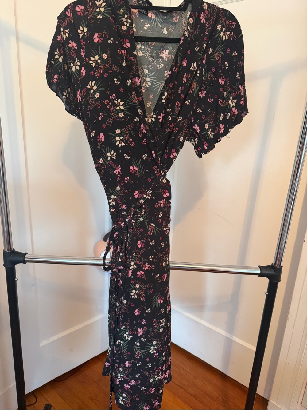 City Chic Black Wrap Dress with Pink & Cream Floral Print
